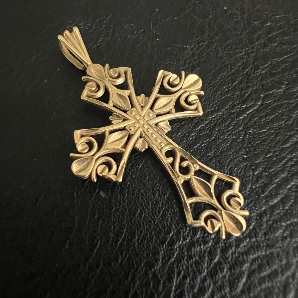 Vintage 14K Yellow Gold Filigree Cross Pendant 1.5" Victorian Revival